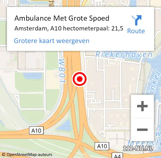 Locatie op kaart van de 112 melding: Ambulance Met Grote Spoed Naar Amsterdam, A10 hectometerpaal: 21,5 op 2 augustus 2021 13:57