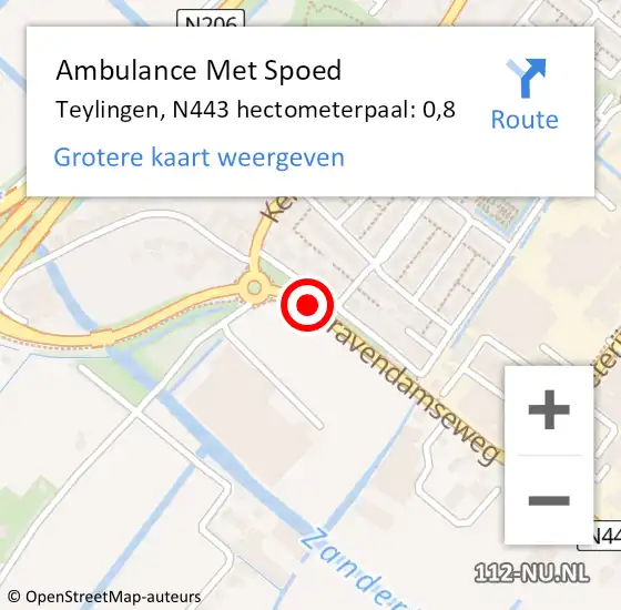 Locatie op kaart van de 112 melding: Ambulance Met Spoed Naar Teylingen, N443 hectometerpaal: 0,8 op 2 augustus 2021 16:25