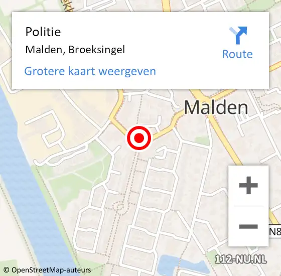 Locatie op kaart van de 112 melding: Politie Malden, Broeksingel op 2 augustus 2021 17:00