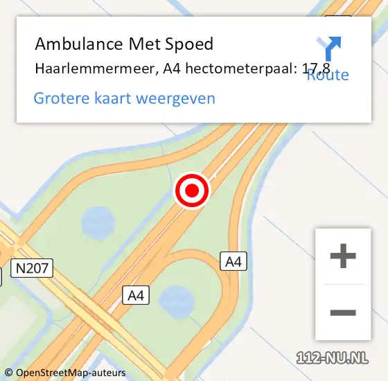 Locatie op kaart van de 112 melding: Ambulance Met Spoed Naar Haarlemmermeer, A4 hectometerpaal: 17,8 op 2 augustus 2021 18:33