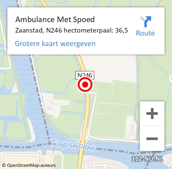Locatie op kaart van de 112 melding: Ambulance Met Spoed Naar Zaanstad, N246 hectometerpaal: 36,5 op 2 augustus 2021 18:33