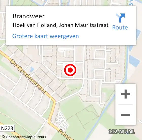 Locatie op kaart van de 112 melding: Brandweer Hoek van Holland, Johan Mauritsstraat op 2 augustus 2021 18:36