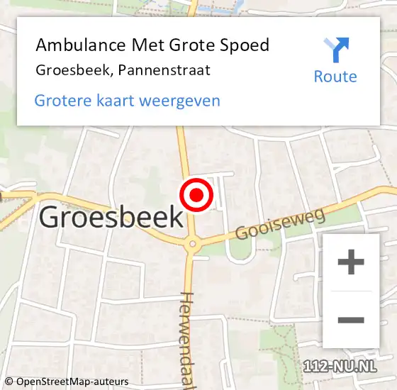 Locatie op kaart van de 112 melding: Ambulance Met Grote Spoed Naar Groesbeek, Pannenstraat op 2 augustus 2021 19:52