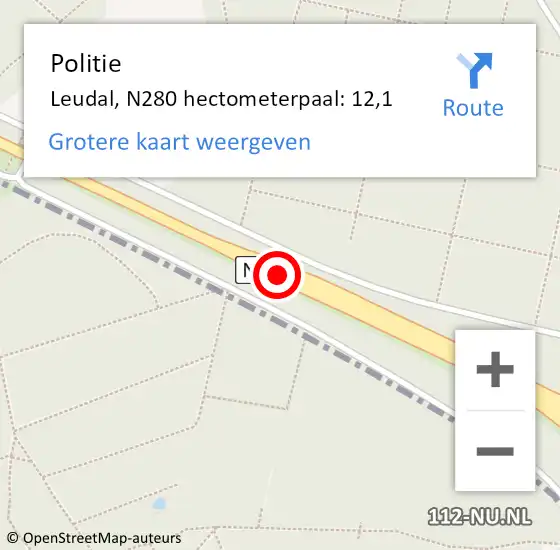 Locatie op kaart van de 112 melding: Politie Leudal, N280 hectometerpaal: 12,1 op 2 augustus 2021 21:06