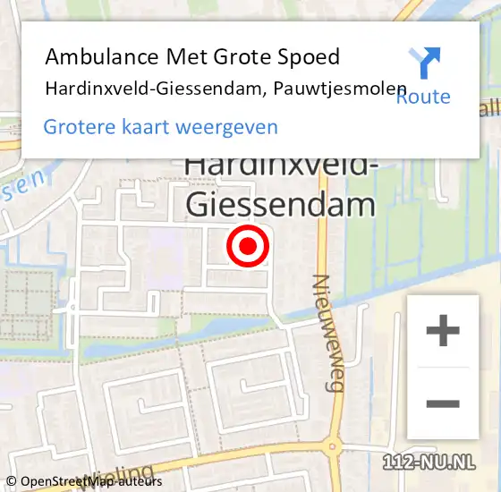 Locatie op kaart van de 112 melding: Ambulance Met Grote Spoed Naar Hardinxveld-Giessendam, Pauwtjesmolen op 2 augustus 2021 21:31