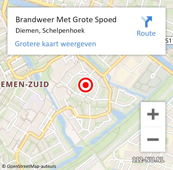 Locatie op kaart van de 112 melding: Brandweer Met Grote Spoed Naar Diemen, Schelpenhoek op 3 augustus 2021 00:27
