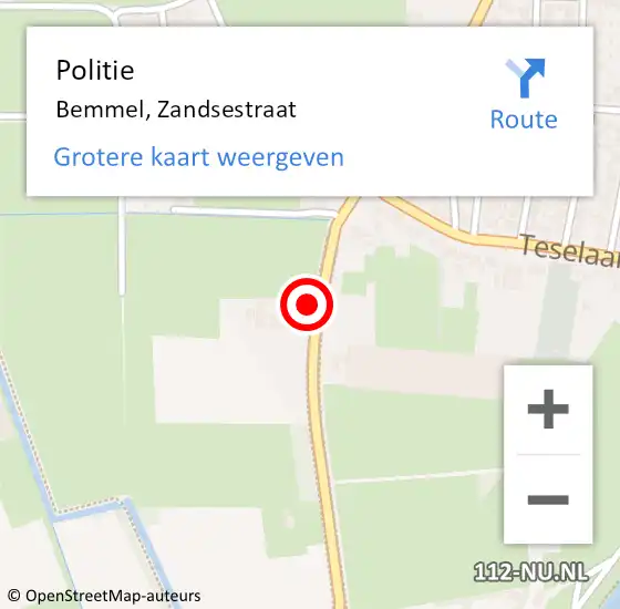 Locatie op kaart van de 112 melding: Politie Bemmel, Zandsestraat op 3 augustus 2021 07:58