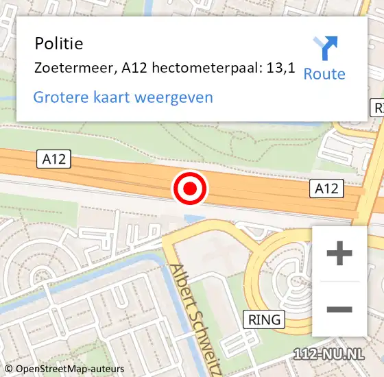 Locatie op kaart van de 112 melding: Politie Zoetermeer, A12 hectometerpaal: 13,1 op 3 augustus 2021 08:17