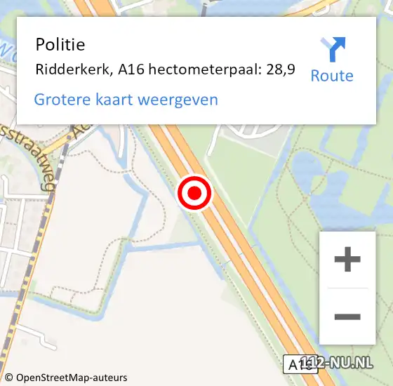 Locatie op kaart van de 112 melding: Politie Ridderkerk, A16 hectometerpaal: 28,9 op 3 augustus 2021 09:43