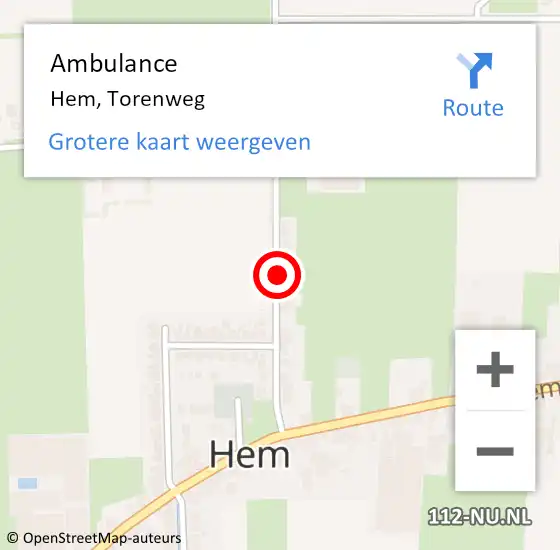 Locatie op kaart van de 112 melding: Ambulance Hem, Torenweg op 3 augustus 2021 10:43