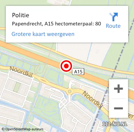 Locatie op kaart van de 112 melding: Politie Papendrecht, A15 hectometerpaal: 80 op 3 augustus 2021 10:56