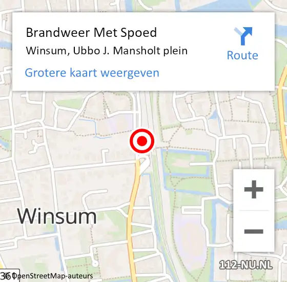 Locatie op kaart van de 112 melding: Brandweer Met Spoed Naar Winsum, Ubbo J. Mansholt plein op 3 augustus 2021 12:58
