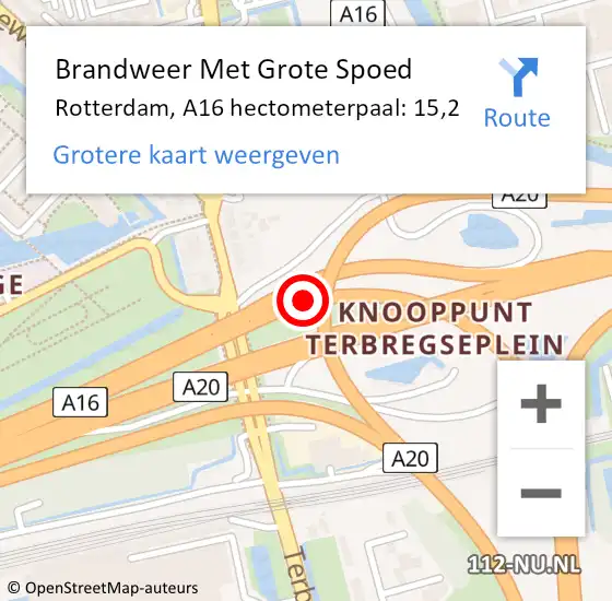 Locatie op kaart van de 112 melding: Brandweer Met Grote Spoed Naar Rotterdam, A16 hectometerpaal: 15,2 op 3 augustus 2021 15:56