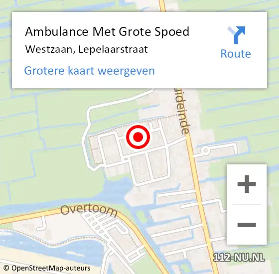 Locatie op kaart van de 112 melding: Ambulance Met Grote Spoed Naar Westzaan, Lepelaarstraat op 3 augustus 2021 16:16