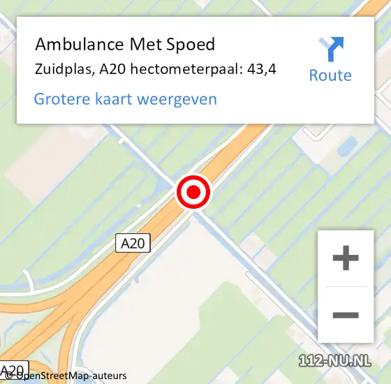 Locatie op kaart van de 112 melding: Ambulance Met Spoed Naar Zuidplas, A20 hectometerpaal: 43,4 op 3 augustus 2021 16:41
