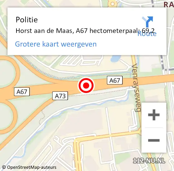 Locatie op kaart van de 112 melding: Politie Horst aan de Maas, A67 hectometerpaal: 69,2 op 3 augustus 2021 22:55