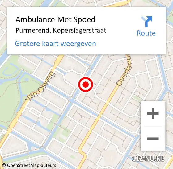 Locatie op kaart van de 112 melding: Ambulance Met Spoed Naar Purmerend, Koperslagerstraat op 4 augustus 2021 00:23