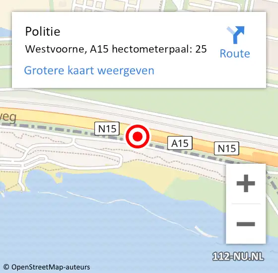 Locatie op kaart van de 112 melding: Politie Westvoorne, A15 hectometerpaal: 25 op 4 augustus 2021 09:07