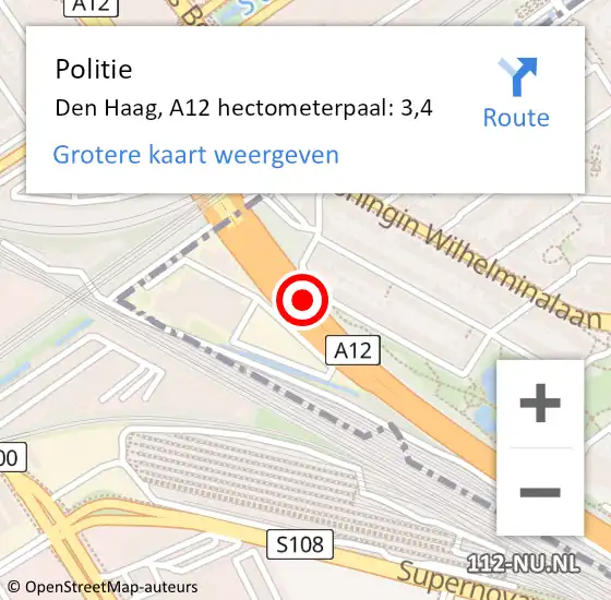 Locatie op kaart van de 112 melding: Politie Den Haag, A12 hectometerpaal: 3,4 op 4 augustus 2021 09:39