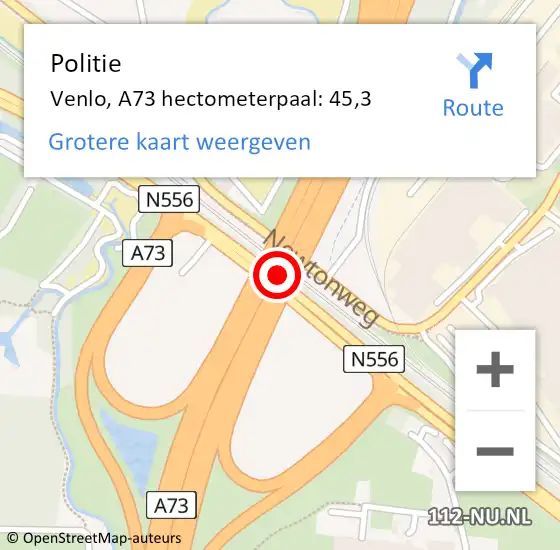 Locatie op kaart van de 112 melding: Politie Venlo, A73 hectometerpaal: 45,3 op 4 augustus 2021 09:50