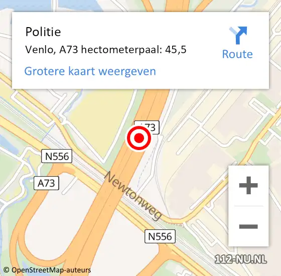 Locatie op kaart van de 112 melding: Politie Venlo, A73 hectometerpaal: 45,5 op 4 augustus 2021 09:51