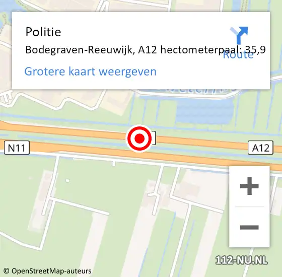 Locatie op kaart van de 112 melding: Politie Bodegraven-Reeuwijk, A12 hectometerpaal: 35,9 op 4 augustus 2021 10:55