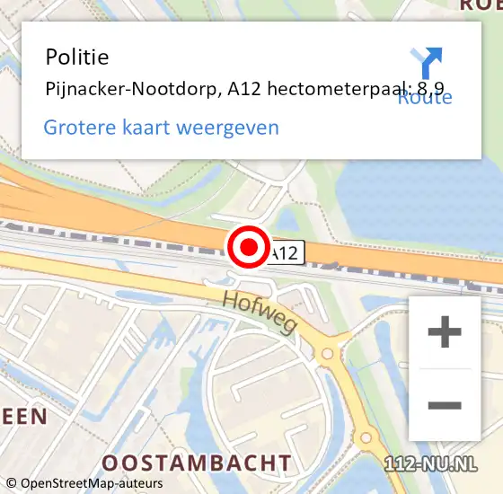 Locatie op kaart van de 112 melding: Politie Pijnacker-Nootdorp, A12 hectometerpaal: 8,9 op 4 augustus 2021 11:36
