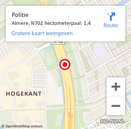 Locatie op kaart van de 112 melding: Politie Almere, N702 hectometerpaal: 1,4 op 4 augustus 2021 13:34