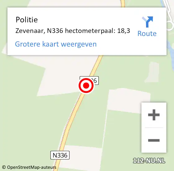 Locatie op kaart van de 112 melding: Politie Zevenaar, N336 hectometerpaal: 18,3 op 4 augustus 2021 13:37