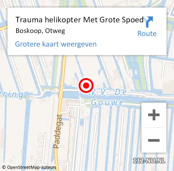 Locatie op kaart van de 112 melding: Trauma helikopter Met Grote Spoed Naar Boskoop, Otweg op 4 augustus 2021 14:43