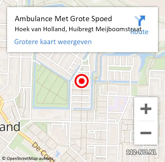 Locatie op kaart van de 112 melding: Ambulance Met Grote Spoed Naar Hoek van Holland, Huibregt Meijboomstraat op 4 augustus 2021 16:11