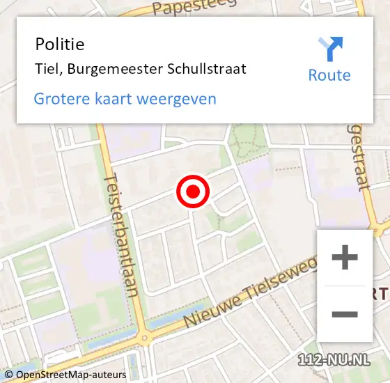 Locatie op kaart van de 112 melding: Politie Tiel, Burgemeester Schullstraat op 4 augustus 2021 16:34