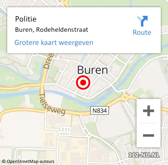 Locatie op kaart van de 112 melding: Politie Buren, Rodeheldenstraat op 4 augustus 2021 17:05
