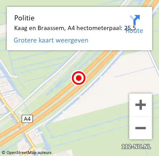 Locatie op kaart van de 112 melding: Politie Kaag en Braassem, A4 hectometerpaal: 25,5 op 4 augustus 2021 17:33