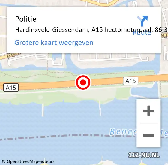 Locatie op kaart van de 112 melding: Politie Hardinxveld-Giessendam, A15 hectometerpaal: 86,3 op 4 augustus 2021 17:58