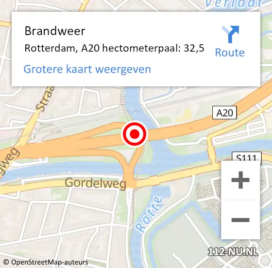 Locatie op kaart van de 112 melding: Brandweer Rotterdam, A20 hectometerpaal: 32,5 op 4 augustus 2021 19:30
