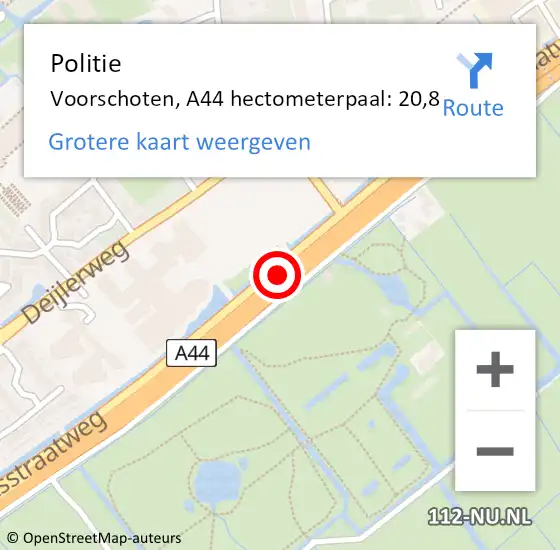 Locatie op kaart van de 112 melding: Politie Voorschoten, A44 hectometerpaal: 20,8 op 4 augustus 2021 19:38