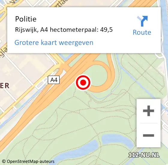 Locatie op kaart van de 112 melding: Politie Rijswijk, A4 hectometerpaal: 49,5 op 4 augustus 2021 19:42