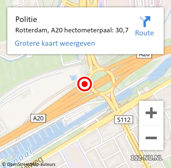 Locatie op kaart van de 112 melding: Politie Rotterdam, A20 hectometerpaal: 30,7 op 4 augustus 2021 20:56