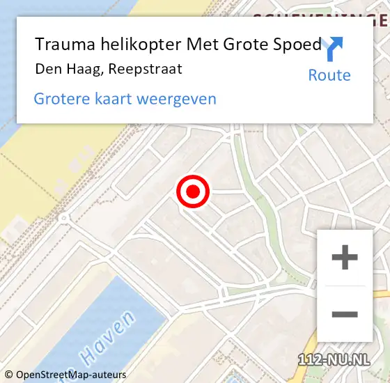 Locatie op kaart van de 112 melding: Trauma helikopter Met Grote Spoed Naar Den Haag, Reepstraat op 4 augustus 2021 22:06