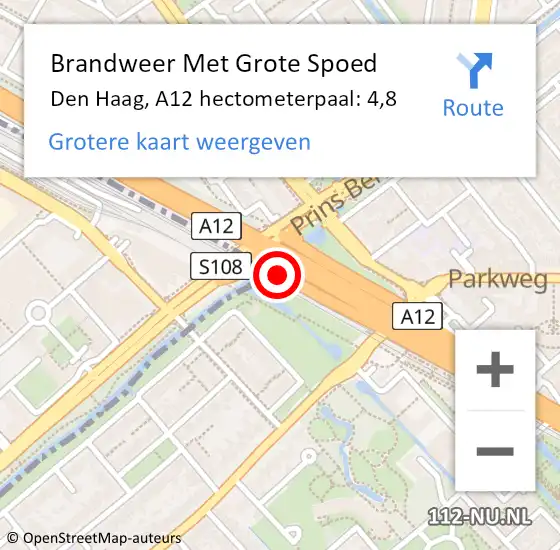 Locatie op kaart van de 112 melding: Brandweer Met Grote Spoed Naar Den Haag, A12 hectometerpaal: 4,8 op 4 augustus 2021 22:28
