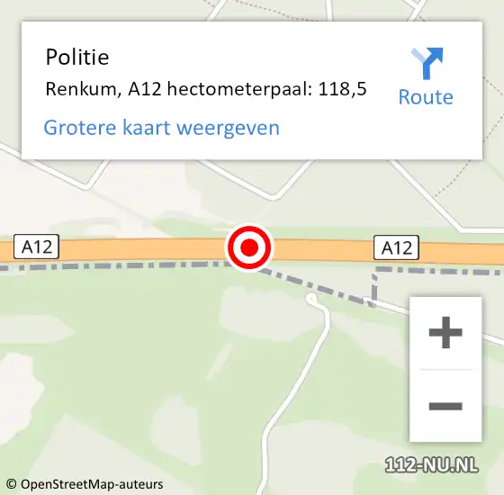Locatie op kaart van de 112 melding: Politie Renkum, A12 hectometerpaal: 118,5 op 4 augustus 2021 23:01