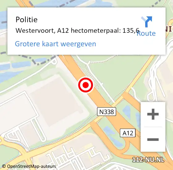 Locatie op kaart van de 112 melding: Politie Westervoort, A12 hectometerpaal: 135,6 op 5 augustus 2021 05:45