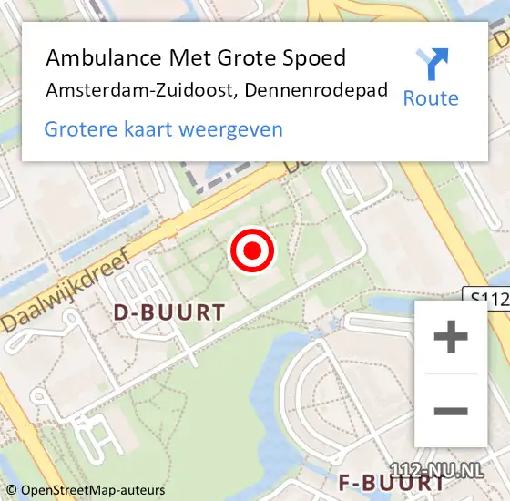 Locatie op kaart van de 112 melding: Ambulance Met Grote Spoed Naar Amsterdam-Zuidoost, Dennenrodepad op 5 augustus 2021 07:35