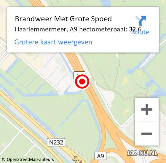 Locatie op kaart van de 112 melding: Brandweer Met Grote Spoed Naar Haarlemmermeer, A9 hectometerpaal: 32,6 op 5 augustus 2021 07:48