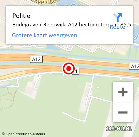 Locatie op kaart van de 112 melding: Politie Bodegraven-Reeuwijk, A12 hectometerpaal: 35,5 op 5 augustus 2021 11:09