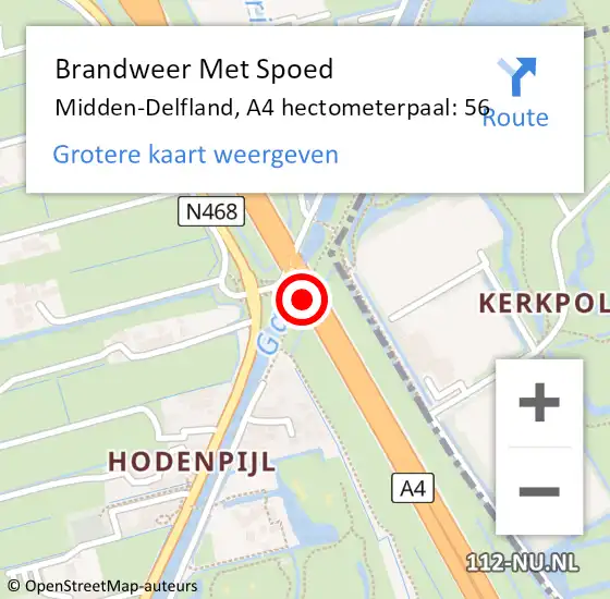 Locatie op kaart van de 112 melding: Brandweer Met Spoed Naar Midden-Delfland, A4 hectometerpaal: 56 op 5 augustus 2021 13:35