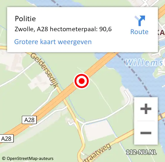 Locatie op kaart van de 112 melding: Politie Zwolle, A28 hectometerpaal: 90,6 op 5 augustus 2021 16:14