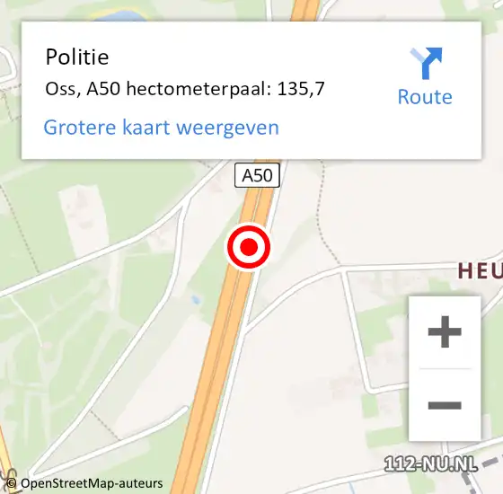 Locatie op kaart van de 112 melding: Politie Oss, A50 hectometerpaal: 135,7 op 5 augustus 2021 16:27