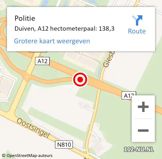 Locatie op kaart van de 112 melding: Politie Duiven, A12 hectometerpaal: 138,3 op 5 augustus 2021 16:31